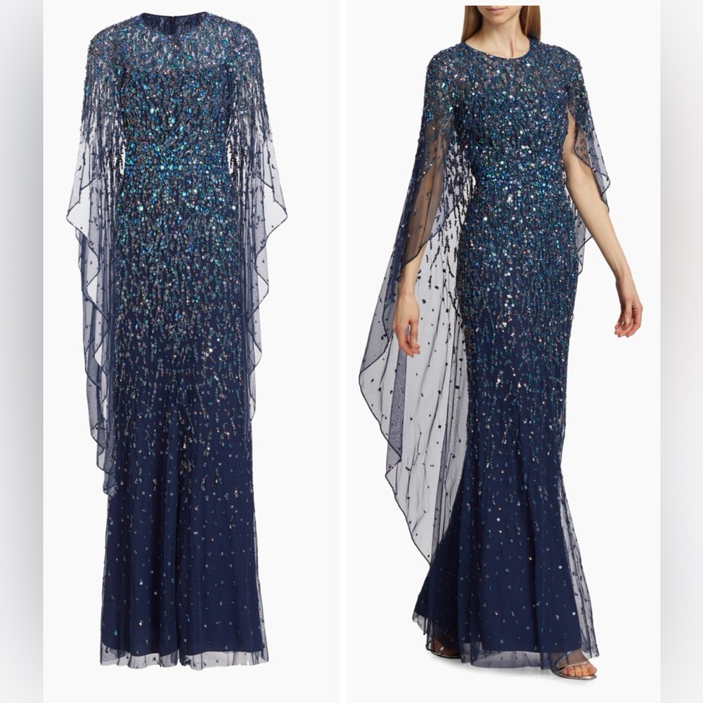 Jenny Packham Delphine Tulle Cape-Sleeve Beaded Gown sequined maxi dress